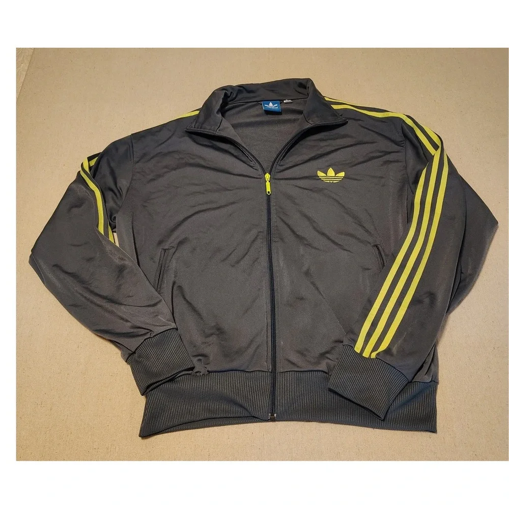 Adidas Originals Mens Track Jacket 4XL Grey Lime Green Trefoil Full Zip Stripes